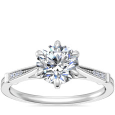 14k 白金六爪復古風鋸狀細節與鑽石訂婚戒指